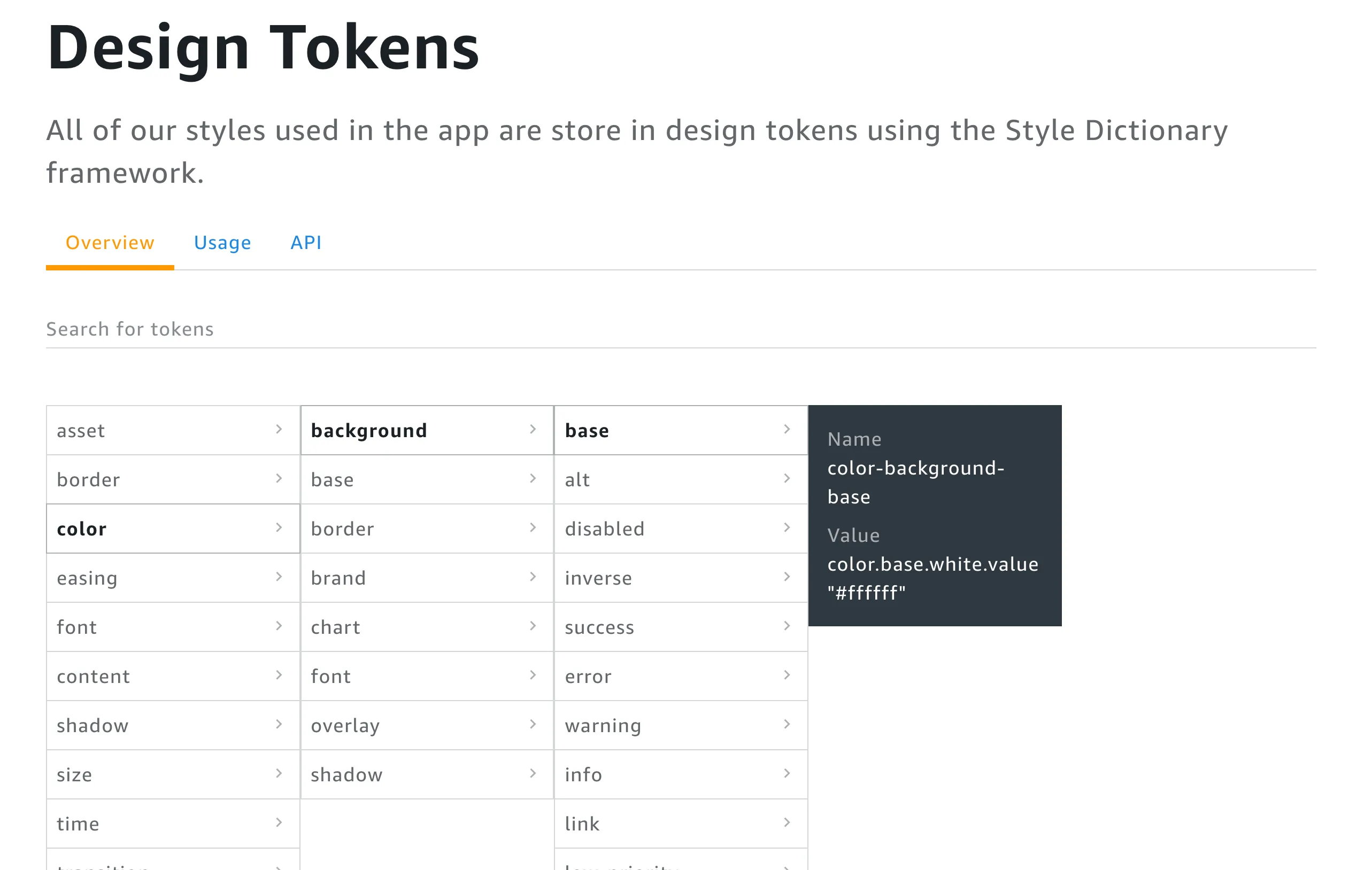 Object explorer for design tokens