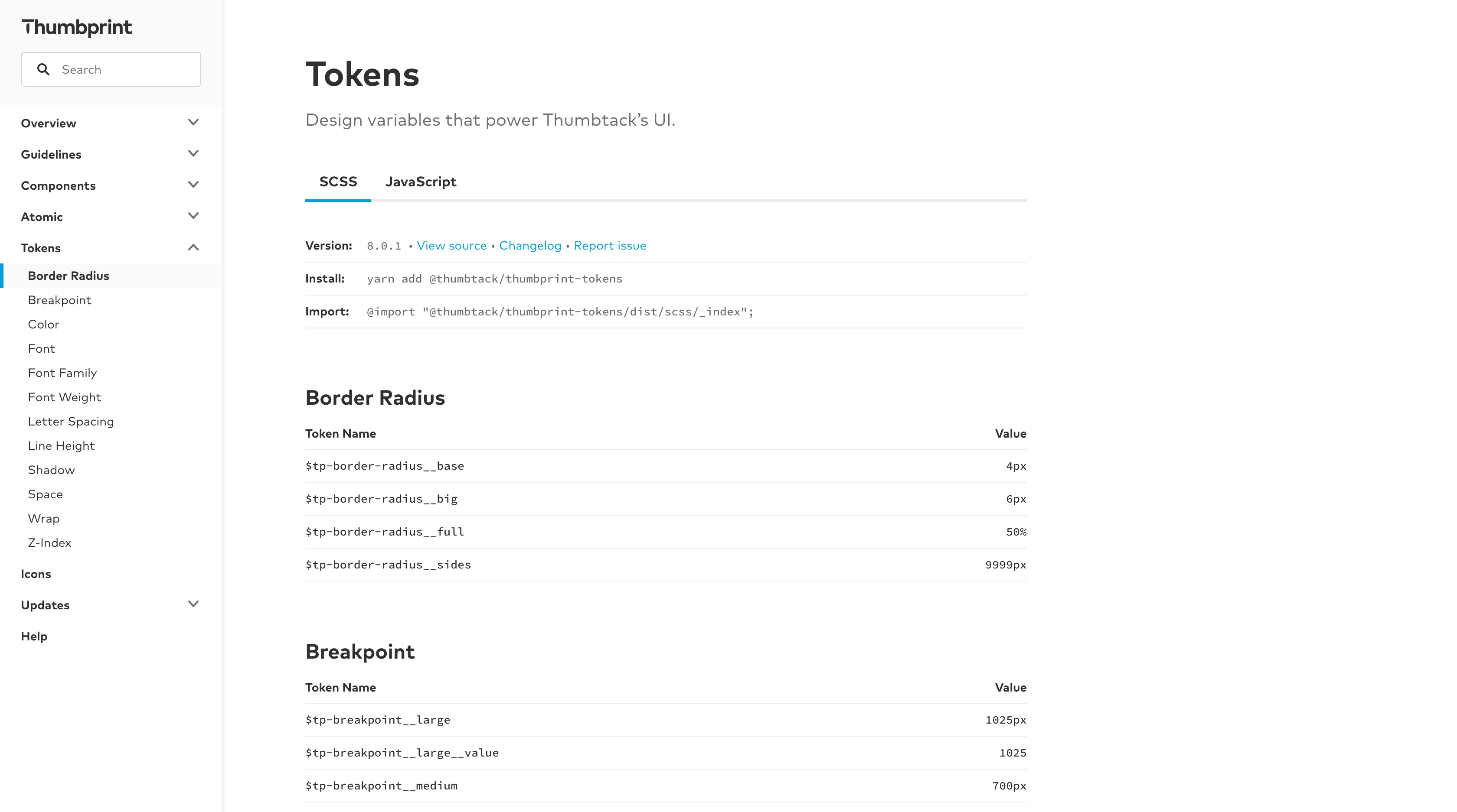 Thumbprint design token page showing platform dropdown