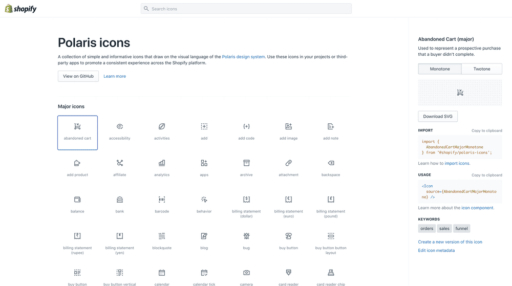 Screenshot of Shopify Polaris Icons design system token page