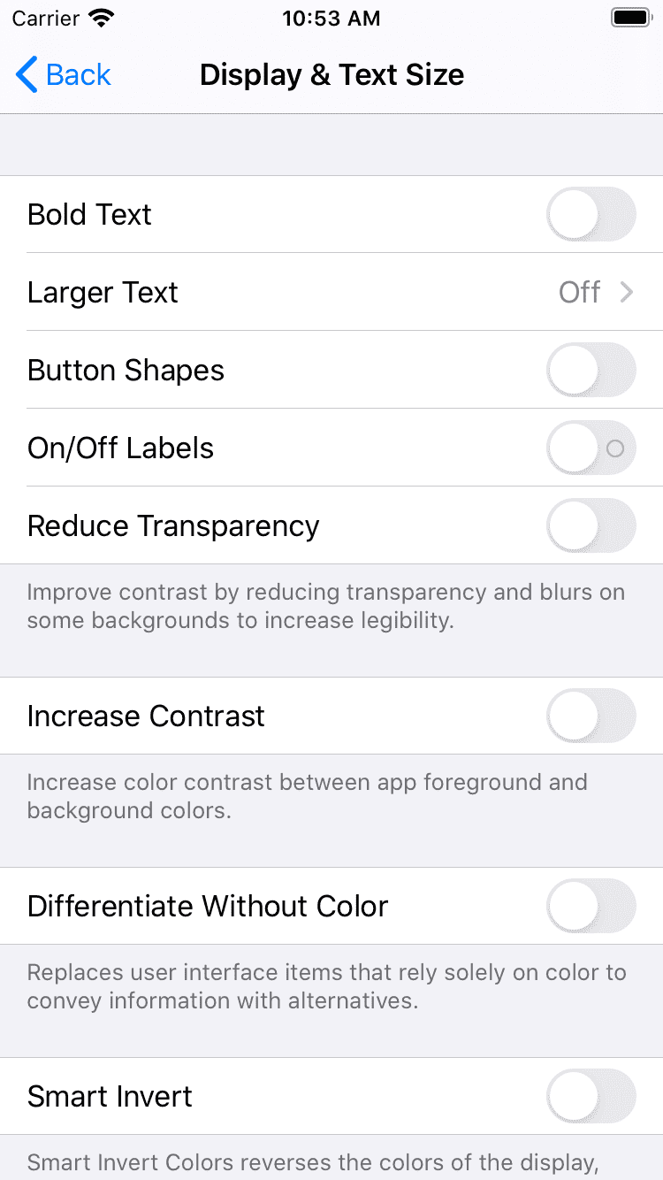 iOS accessibility settings showing high contrast