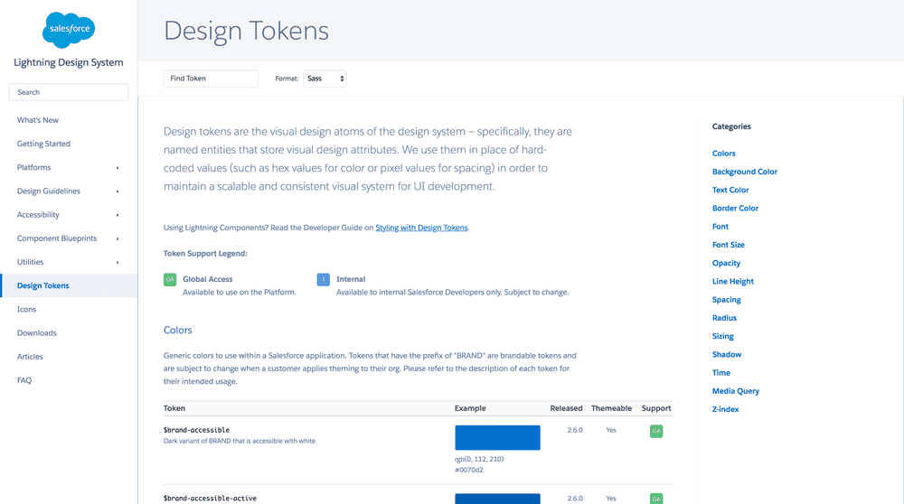 Screenshot of Salesforce Lightning design system token page