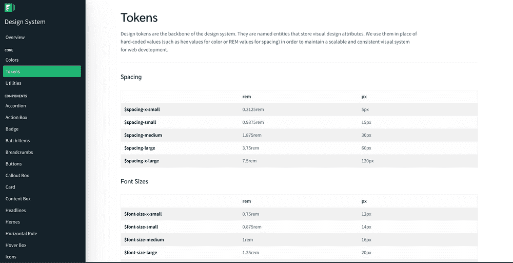 Screenshot of Formstack design system token page