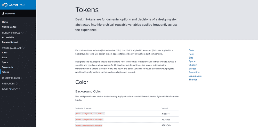 Screenshot of Discover Comet design system token page