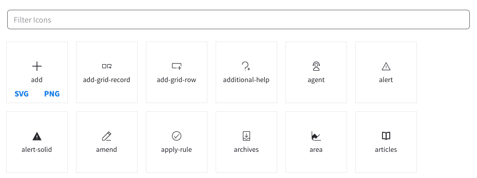 Infor design system icons with SVG and PNG download buttons