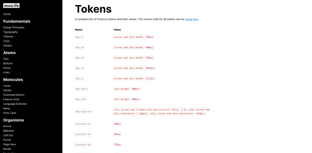 Screenshot of Mozilla Protocol design system token page